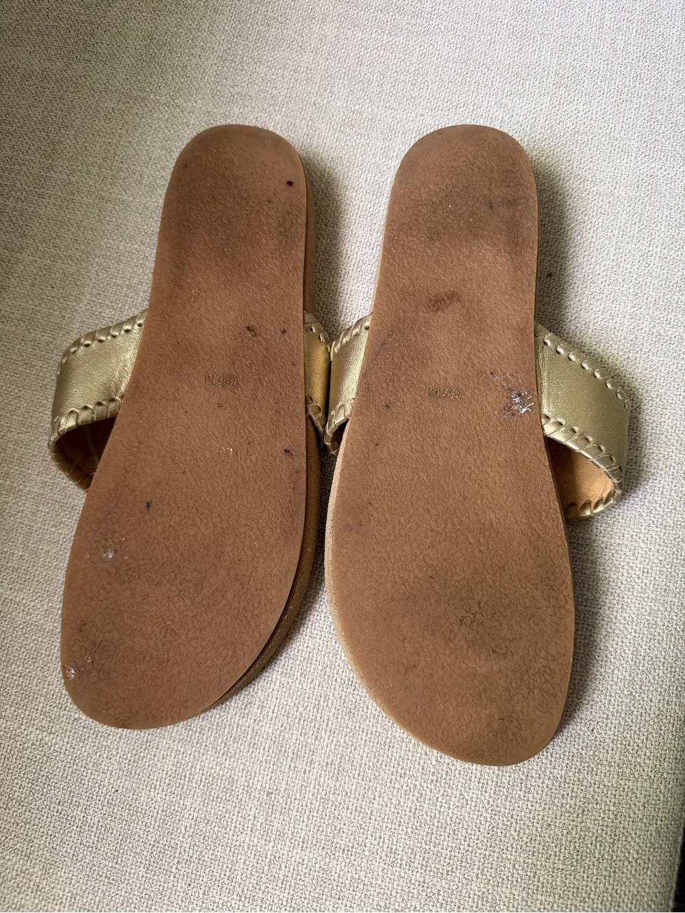 Jack Rogers Metallic Champagne Gold Thong Sandals with Medallion Detail